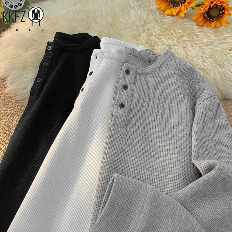 Breathable Waffle Henley Pullover Men Long Sleeve Round Neck Three Button Placket Versatile Everyday Streetwear Garment
