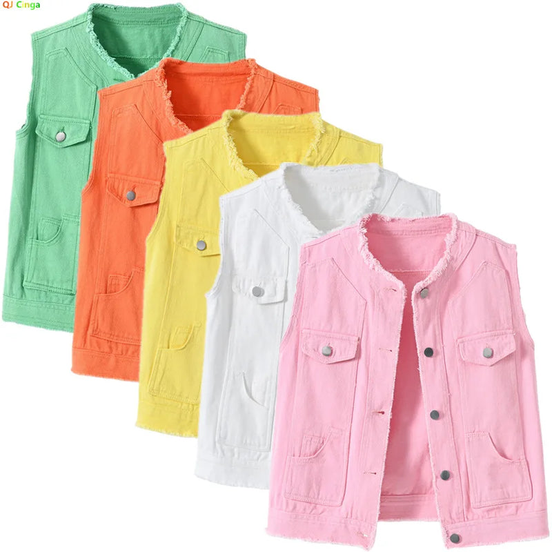 2026 Women's Pink Sleeveless Vest Jacket, Single Breasted Reason Denim Jacket, Asian Size, White Green Orange Yellow Available