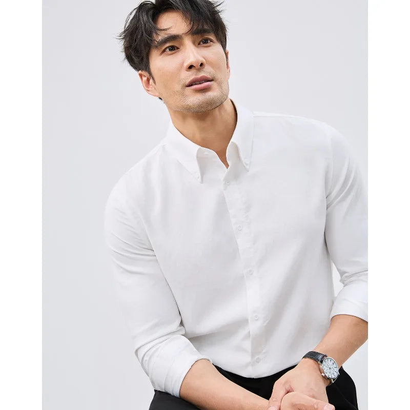 Men's Business Long Sleeve Shirt – Vintage Distressed Linen-Blend with Wide Pointed Collar, Slim Fit for Office & Smart Casual