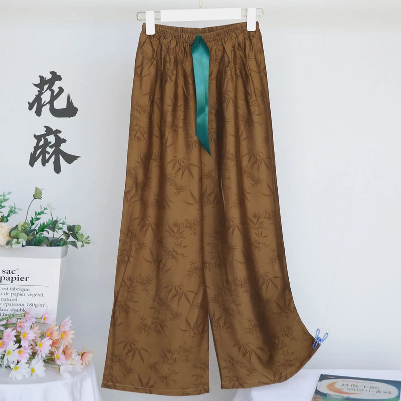 Spring Fall Cotton Linen Jacquard Sleepwear Retro Wide Leg Pants Casual Loose Versatile Home Pant Women Pajamas Trousers