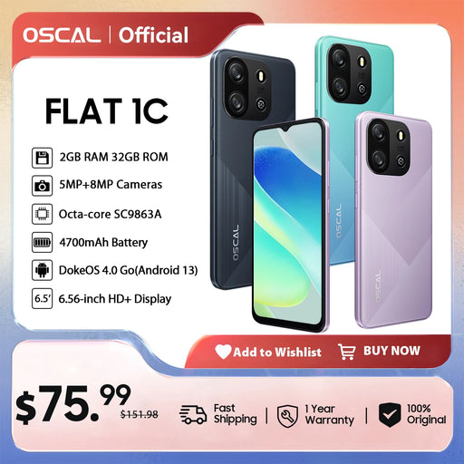 OSCAL FLAT 1C Smartphone Android13 6.56'' HD Display 4700mAh Battery Cell Phone 2GB 32GB Octa Core 8MP Camera Mobile Phone 4G