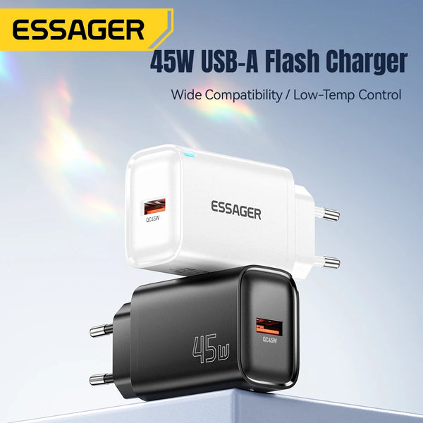ឆ្នាំងសាក Essager 45W USB A QC3.0 PD សាកថ្មលឿនសម្រាប់ Samsung Galaxy S24 S23 Xiaomi 15 iPad Vivo ឆ្នាំងសាក USB A រហ័ស