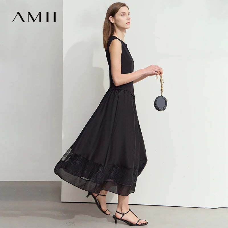 រ៉ូប Amii Minimalist រដូវក្តៅថ្មីឆ្នាំ ២០២៥ រ៉ូបប៉ាក់រាងអក្សរ A សម្រាប់ស្ត្រី រ៉ូបពណ៌ខ្មៅបែបចរ 12552054