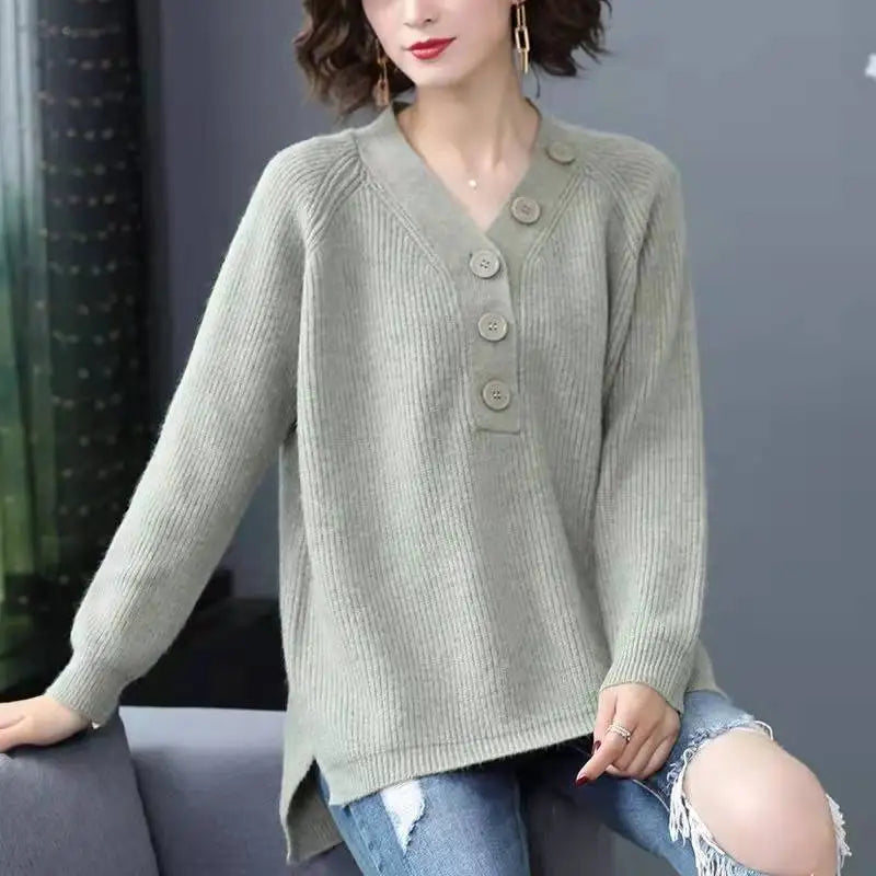 Elegant Female Autumn Winter Clothing Loose Knitting Sweater For Women Long Sleeve Top Casual V Neck Pullover Shirt M-3XL