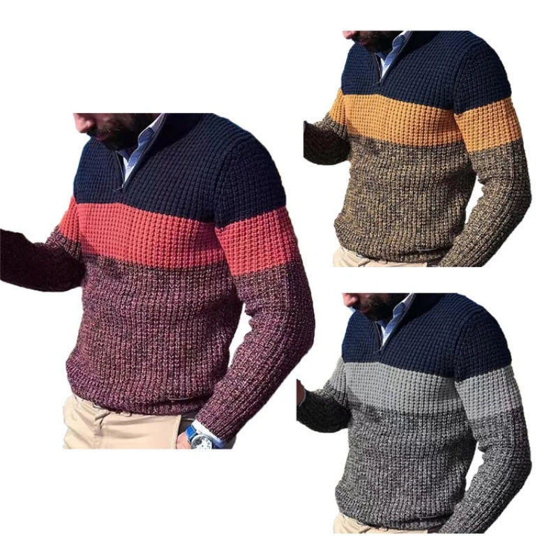 Men's Color Block Turn-Down Collar Knit Sweater - Gray (Yellow/Orange Red) M-2XL
