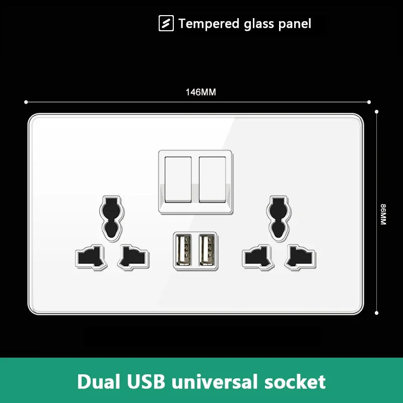 UK 13A Wall Socket with Type-C 18W Fast Charging Plug Socket,Glass Panel Power Double Universal Outlet with Quick USB C charge