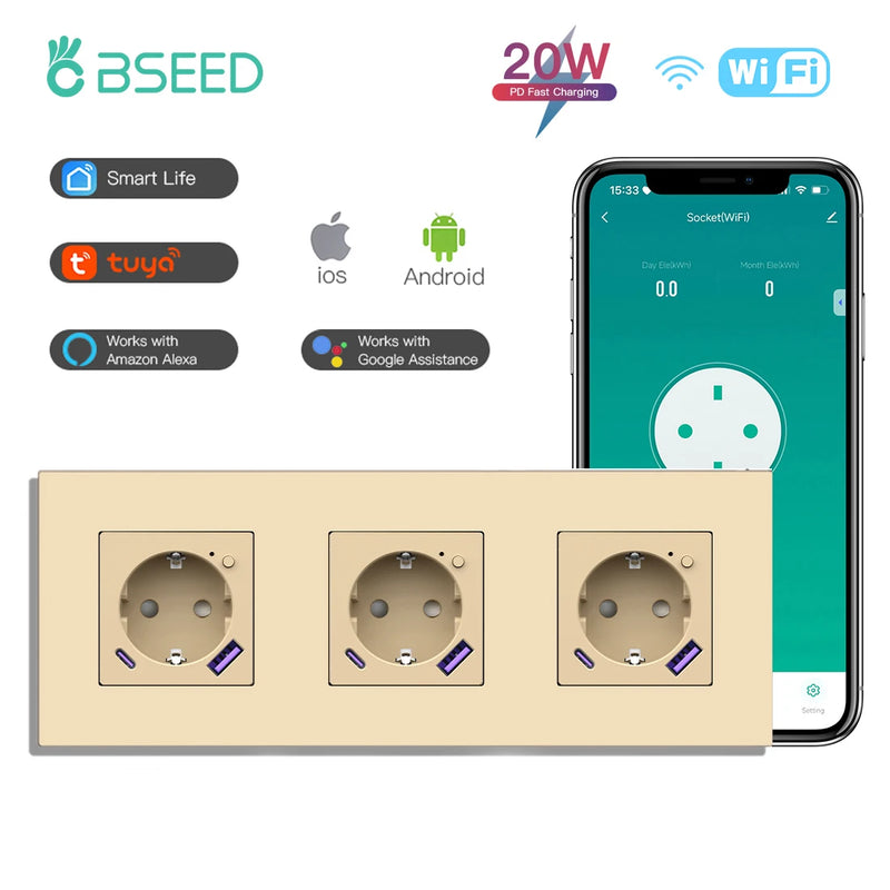 BSEED WIFI Smart Socket With 20W Fast Charge Port Plastic Frame Smart Wall Socket USB Type-C Port Tuya Smart Life Control