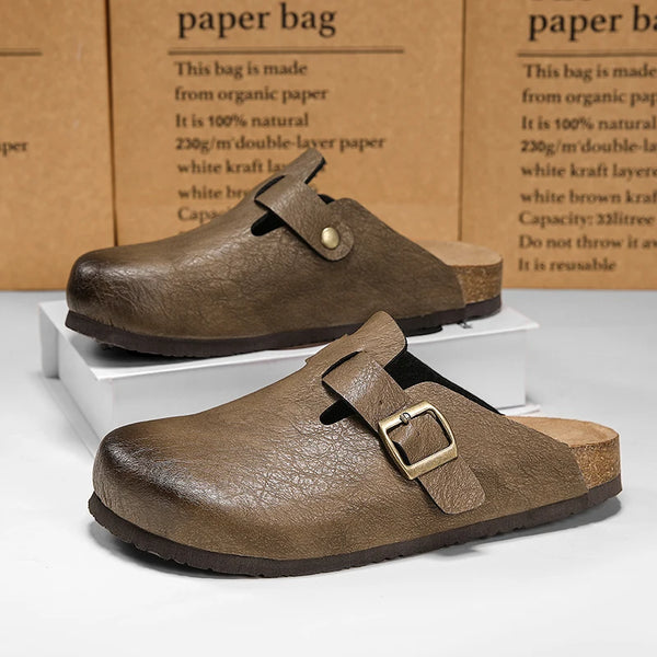 Comfort Cork Leather Slippers for Unisex Men Women Slip on Half Shoes Sandals Closed Toe Backless Health Footbed Slides Fashion