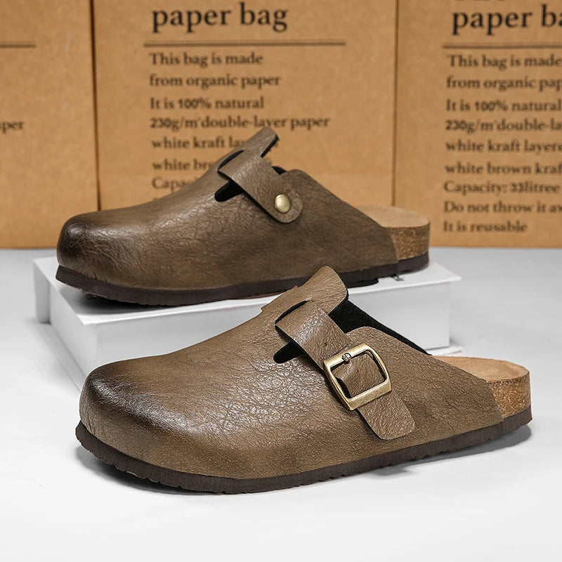 Comfort Cork Leather Slippers for Unisex Men Women Slip on Half Shoes Sandals Closed Toe Backless Health Footbed Slides Fashion