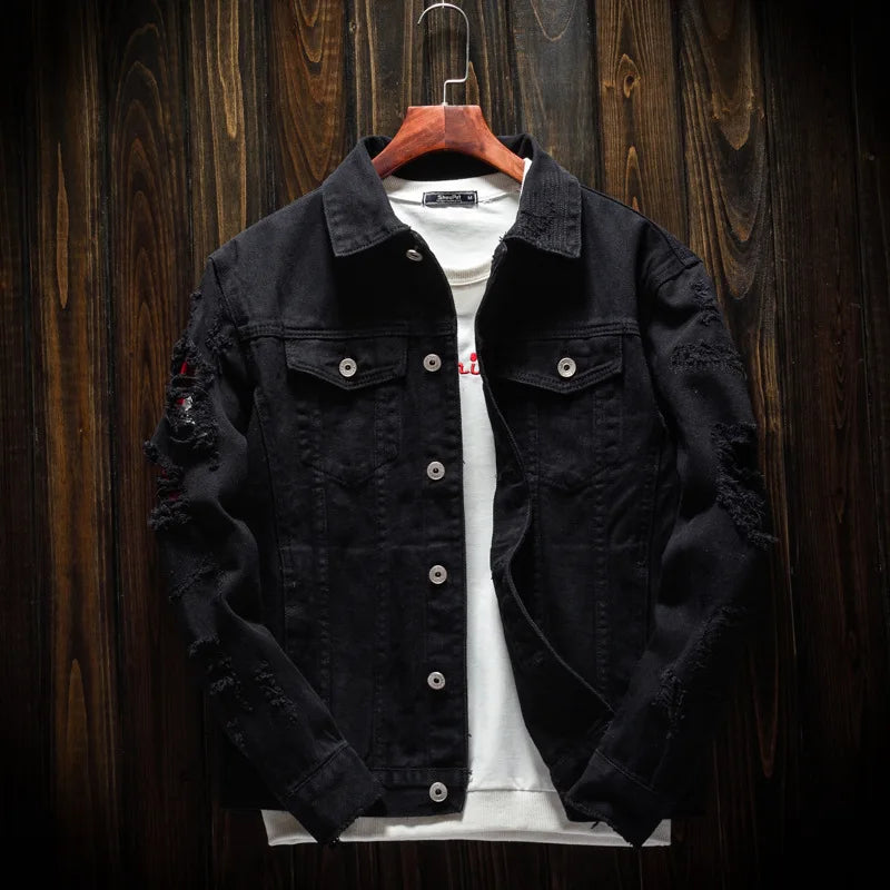 Men's Red Long-sleeve Jacket for Spring and Fall; Black Denim Coats with A Turn-down Collar, Available in Orange, White, Pink.
