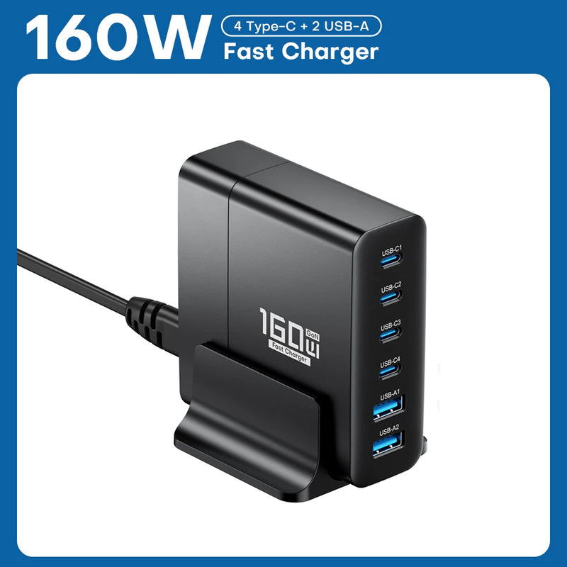 ស្ថានីយសាកថ្មលឿន GaN USB C 160W PPS PD QC សាកថ្មលឿន 6 រន្ធ សម្រាប់ MacBook iPad iPhone 14 13 Samsung Laptop