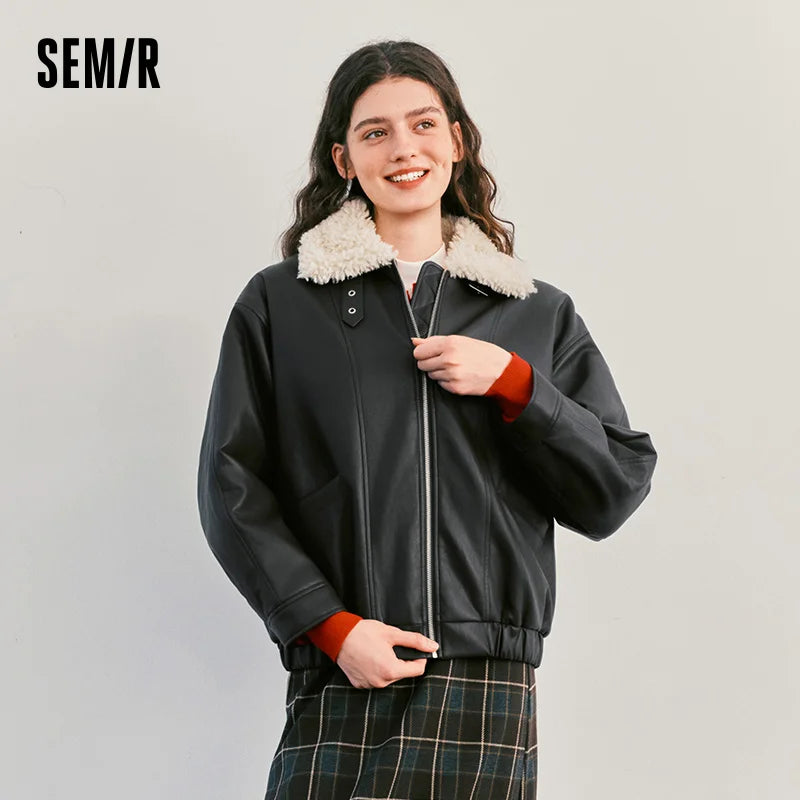 Semir Women Jacket PU Faux Leather Faux Shearling Panelled Design Turn Down Collar Oversized Fit Urban Casual Style 2026 Winter