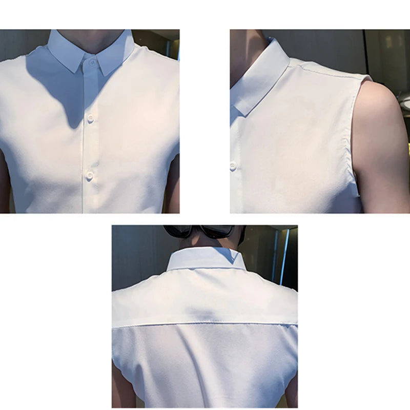 Summer Men's Black Sleeveless Shirt, Fashionable Slim White Shirts, Single Breasted Lapel Summer Top Camisas Para Hombre