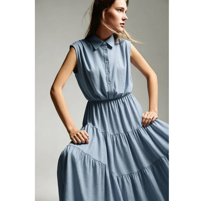 Amii Sleeveless Dress For Women 2026 Summer New Lapel Collar Waist Cinched A-Line Loose Midi Women's Casual Dresses 12642145