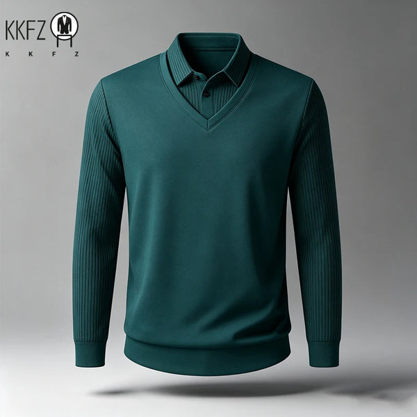 Men Fake Two Piece Long Sleeve Top V Neck Ribbed Sleeve Shirt Collar For Business Office Daily Commute Casual Outfits