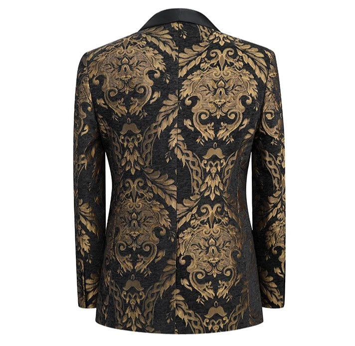 Luxurious Black Two-piece Men's Suit Set Featuring A Gold Jacquard Jacket and Trousers, Perfect for Weddings and Parties.