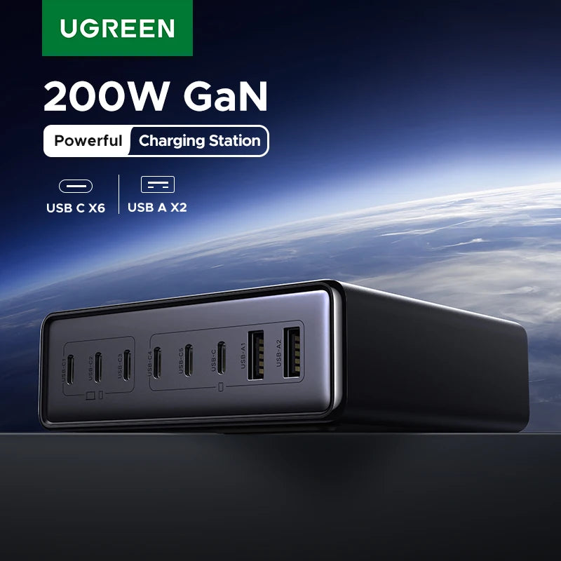 【US Plug】UGREEN 200W/100W/65W GaN Charger Desktop Laptop Fast Charger For iPhone 17 16 15 Pro Max Macbook Air Pro iPad Samsung
