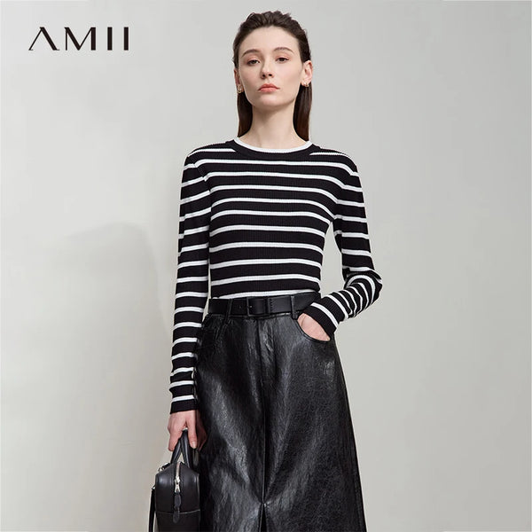 AMII Minimalism Women's Sweater 2026 Autumn New Office O-Neck Pullovers Knitt Sweaters Long Sleeves Women's Strip Tops 12523134