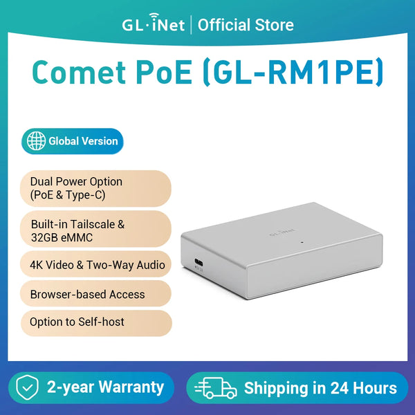 GL.iNet Comet PoE (GL-RM1PE) ឧបករណ៍បញ្ជាពីចម្ងាយសម្រាប់អ៊ីនធឺណិត KVM, ថាមពល PoE/Type-C, 4K@30Fps, 32GB EMMC, មាត្រដ្ឋានកាត់, ការគ្រប់គ្រងថាមពល, សម្រាប់កុងតាក់ KVM