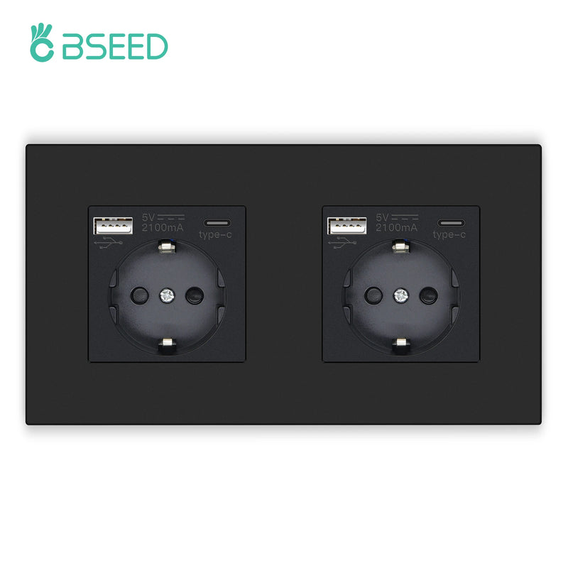 BSEED EU Standard Wall Socket Single Power Outlets USB Type-C Port 20W Fast Charge Plastic Panel Triple Electric Plugs 16A