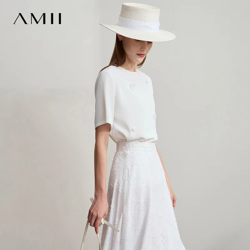 អាវធំ Amii សម្រាប់នារី ម៉ូដថ្មី កអាវរាងអក្សរ O រាងផ្កាបីវិមាត្រ ដៃខ្លី រលុង រចនាបទសាមញ្ញ 12552027