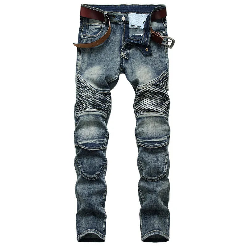 2026 Men's Blue Jeans, Gray Fashion Casual Trousers, Pleated Patchwork Decorative Denim Pants Asian Sizes 29-38, 40, 42.