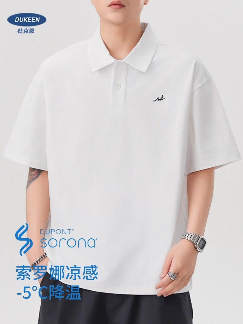 DUKEEN Men Quick Dry Polo Shirt Summer Cooling Sorona Lightweight Loose Embroidery Casual Turn Down Collar T Shirt