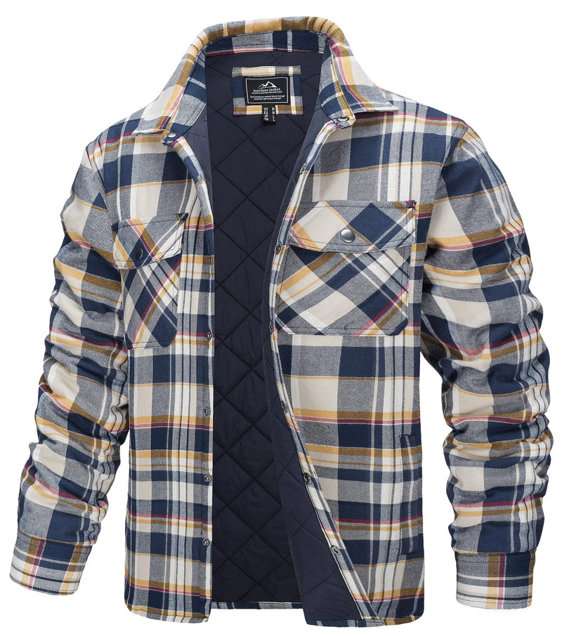 TACVASEN Winter Plaid Cotton Jackets Mens Long Sleeve Quilted Lined Flannel Shirt Jacket Multi-Pockets Outwear Hiking Coats Tops