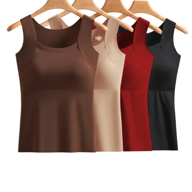 Beauty and Warmth Chest Pad Vest Fixed Cup Bra Integrated Backing Underwear Sleepwear Base Shirt Women One Piece Pajamas Top