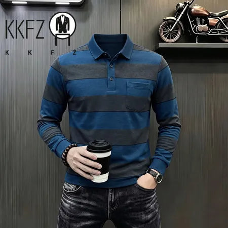Business Casual Long Sleeve Striped Polo For Males Lapel Collar Soft Woven Fabric Neat Cut Travel Friendly Clothing