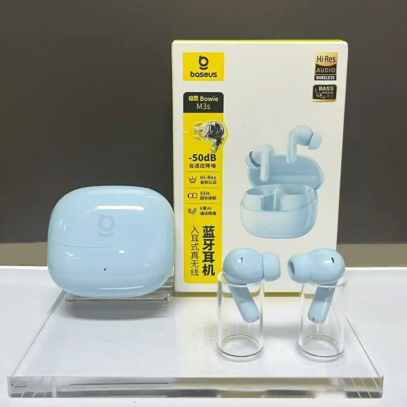 កាសស្តាប់ត្រចៀកប៊្លូធូស BASEUS M3S កាត់បន្ថយសំឡេងរំខានជ្រៅឥតខ្សែក្នុងត្រចៀក គុណភាពខ្ពស់ កាសស្តាប់តន្ត្រីកីឡា ស្លាកមាស ទទួលស្គាល់