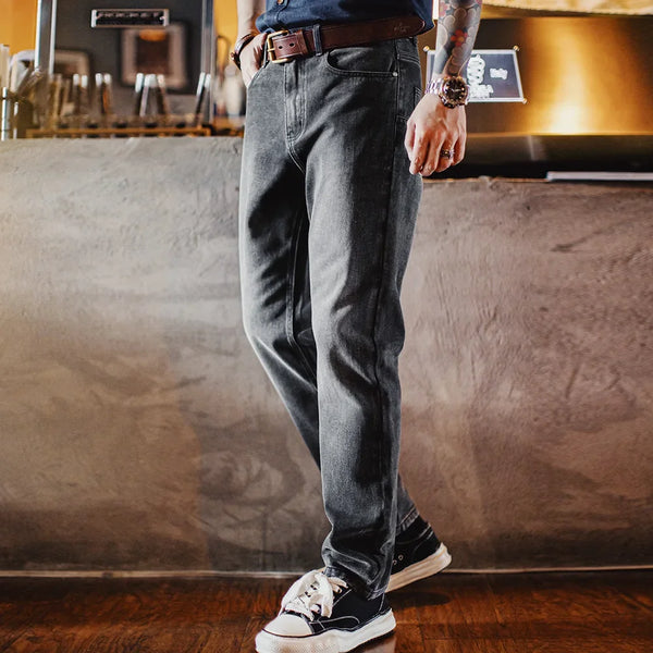 ខោខូវប៊យ Maden Vintage ទំហំ 13oz ពណ៌ប្រផេះស្រាលសម្រាប់បុរស ខោជើងវែងធម្មតាសម្រាប់រដូវផ្ការីក និងរដូវស្លឹកឈើជ្រុះ