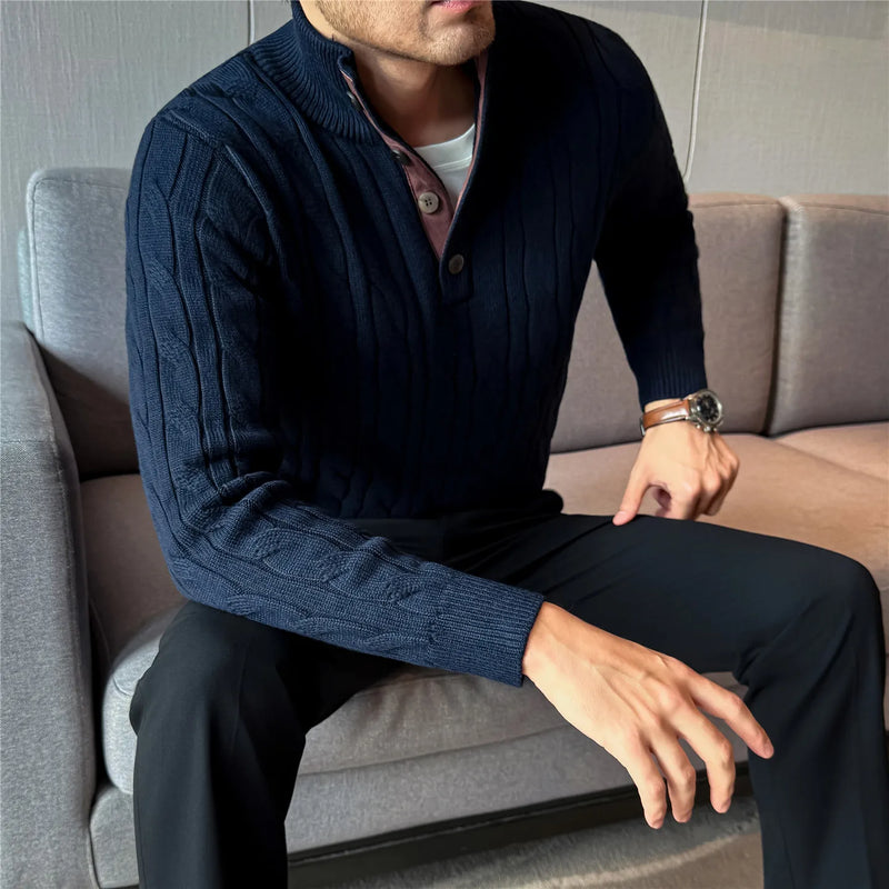 Men's Polo Collar Knit Sweater, Shell Buttons Design, High-quality Wool Blend, Old Money Style