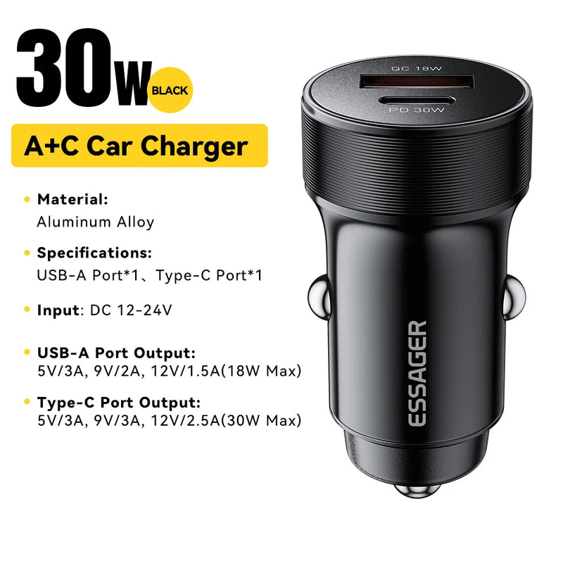 Essager 30W Mini Car Charger PD3.0 QC3.0 Quick Charge Type C Car Charger PD 22.5W Fast Charging For Huawei Xiaomi Oneplus iPhone