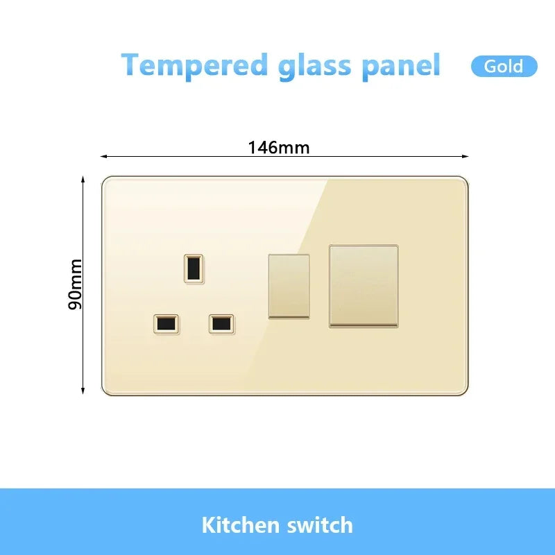 Gold UK 13A Tempered Glass USB Socket Plug,18W Type-C Fast charging Universal 3pin Dual Power Outlet,Wall 2way Light Switch