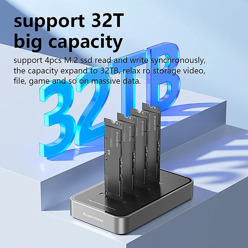 ស្ថានីយ ចត SSD ទំហំ 4 ច្រក Blueendless ប្រភេទ C USB3.1 10Gbps M2 NVMe PCIe SATA NGFF ស្រោម SSD អាលុយមីញ៉ូម