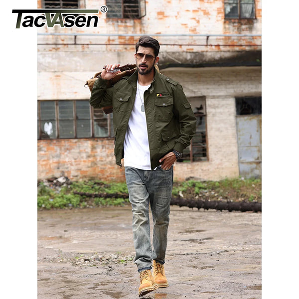 TACVASEN Retro Cargo Jacket Mens Full Zip Stand Collar Casual Cotton Jackets Spring Autumn Lightweight Working Jacket Outwear