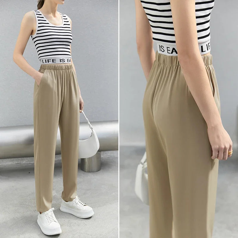 ខោ AMII Minimalism ធម្មតាសម្រាប់ស្ត្រីឆ្នាំ ២០២៦ រដូវស្លឹកឈើជ្រុះថ្មីចង្កេះខ្ពស់បែប Vintage ខោកូរ៉េគ្រប់ម៉ូដ ខោជើងវែងកជើង 12332019
