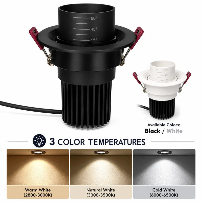 ភ្លើងពិដាន JOYINLED 7W អាចពង្រីកបាន អំពូល LED COB អាចបន្ថយពន្លឺបាន ចង្កៀងពណ៌សខ្មៅ 2800K-6500K មុំធ្នឹមអាចលៃតម្រូវបាន