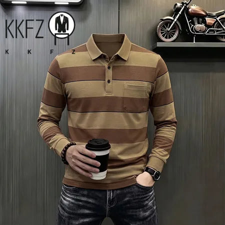 Business Casual Long Sleeve Striped Polo For Males Lapel Collar Soft Woven Fabric Neat Cut Travel Friendly Clothing