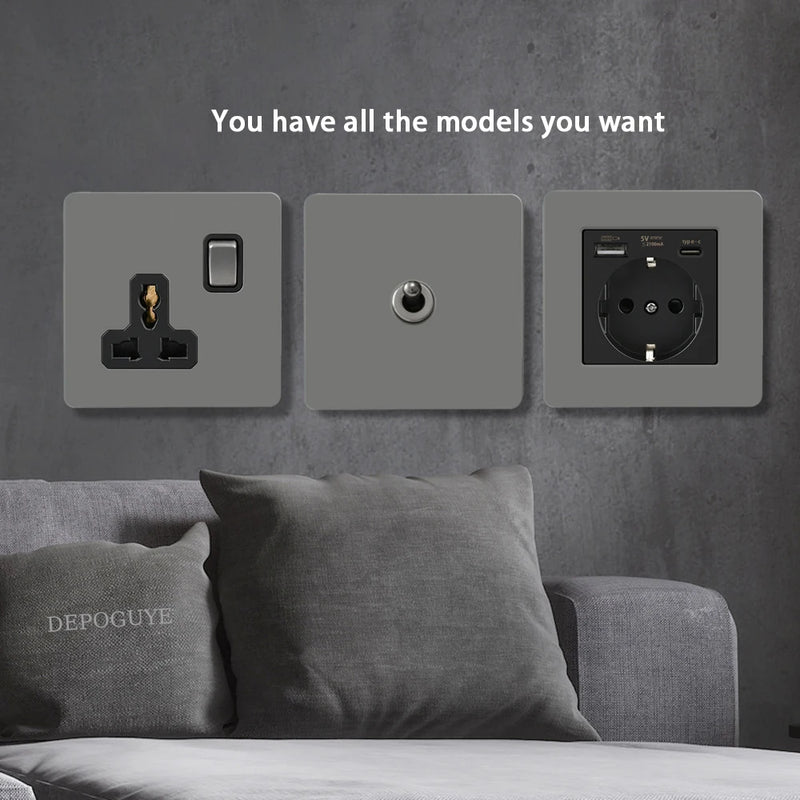 Retro Toggle Switch 1-4 Gang 2 Way Light Switch,EU French Plug Power Outlet Socket With Dual USB Stainless Steel Panel 86 Type