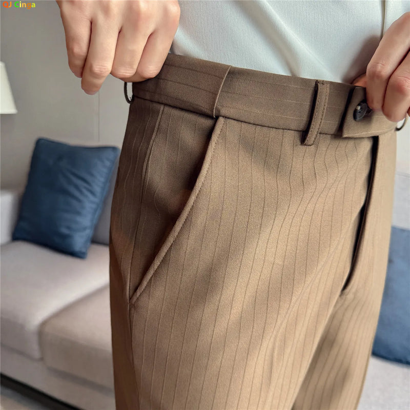 2026 Men's Slim Fit Striped Dress Pants Brown Formal Business Suit Trousers for Office And Wedding Wear High-Quality