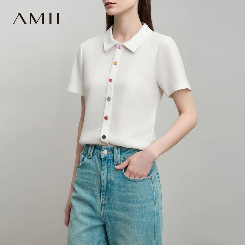 អាវយឺត Amii សម្រាប់នារី រដូវក្តៅ ឆ្នាំ២០២៦ ថ្មី កអាវ ប៊ូតុងពណ៌ផ្ទុយ អាវយឺតដៃខ្លី អាវប៉ាក់ធម្មតា សម្រាប់នារី 12622020