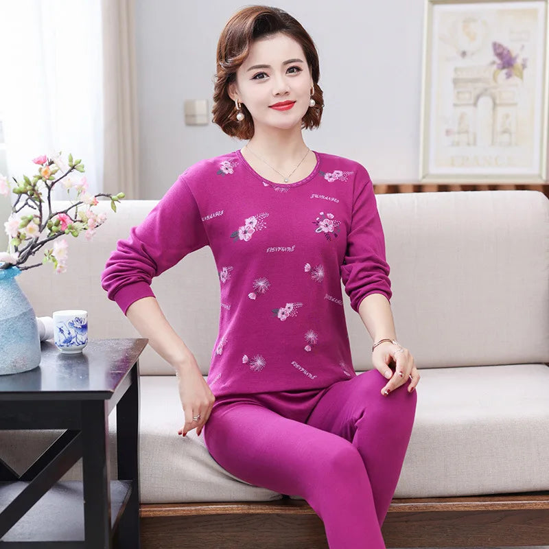 Middle Aged Mother Cotton Pajamas Set Long Sleeve Sleepwear Women 2 Piece Outfit Plus Size Homewear Autumn Winter Pijama Mujer
