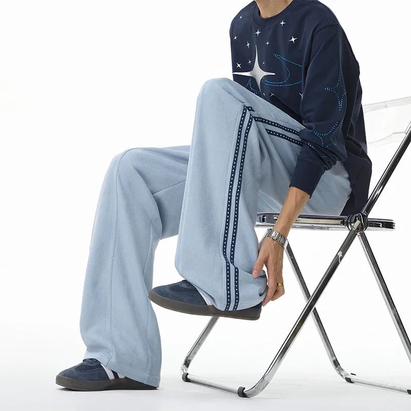 Men Casual Sporty Straight Pants Elastic Drawstring Waist Side Tape Detail Loose Wide Leg Daily Street Garment
