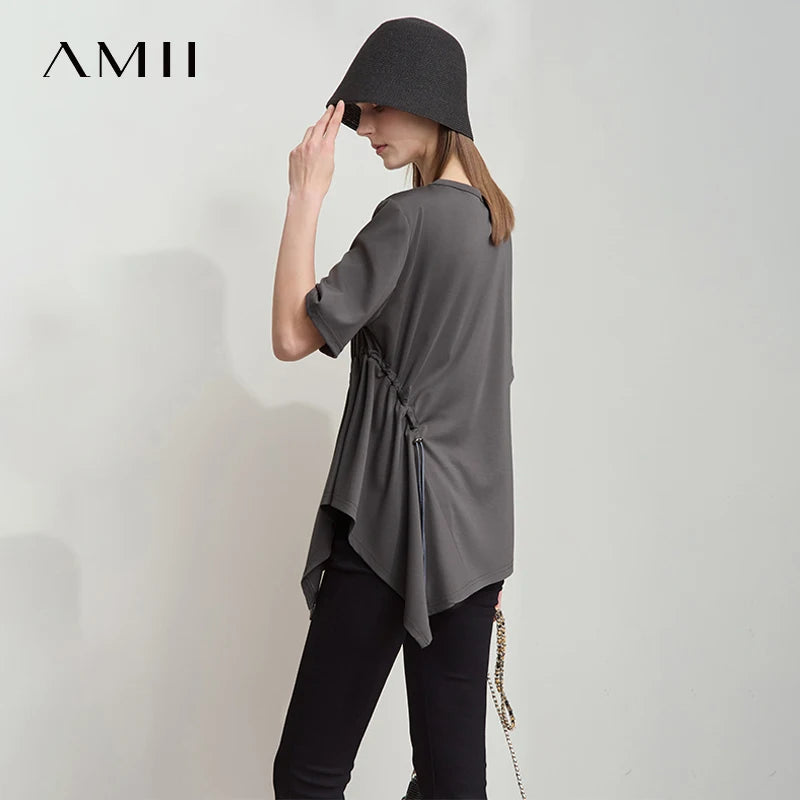 អាវយឺតរដូវក្តៅ AMII Minimalist សម្រាប់ស្ត្រីឆ្នាំ ២០២៥ កមូលដៃខ្លីរលុងអាវស្ត្រីម៉ូដថ្មីការិយាល័យ 12522042