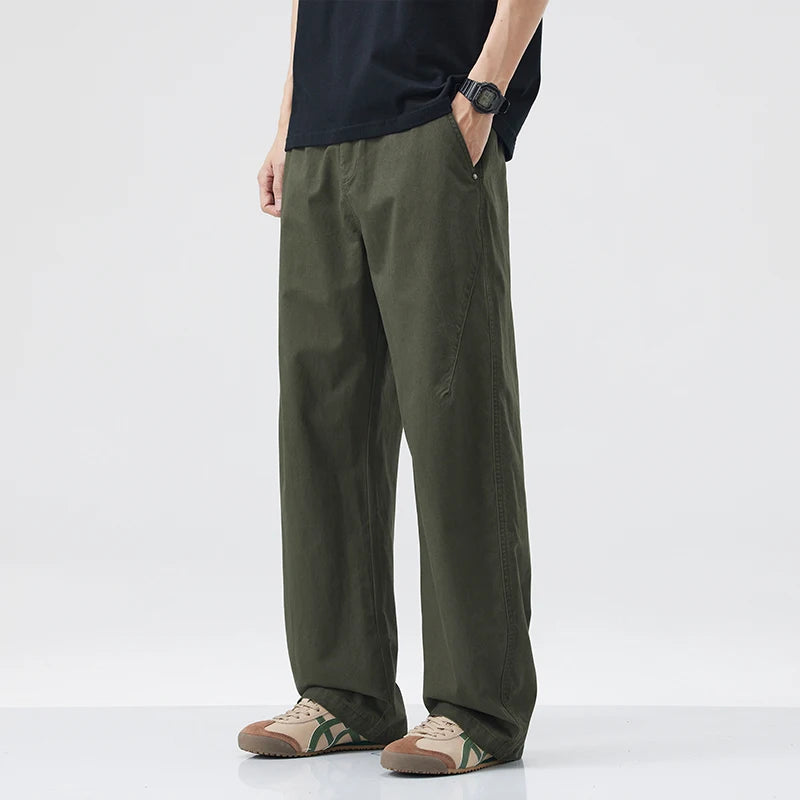 DUKEEN 100% Cotton Men's Casual Long Pants Summer Relaxed Straight Fit Wrinkle-Resistant Non-Iron Basic Khaki Chinos