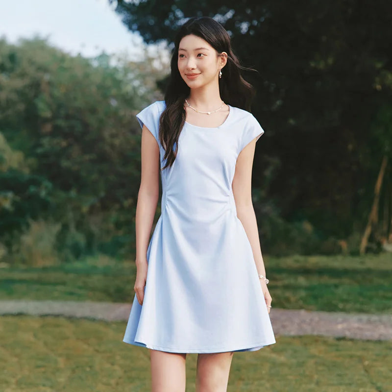 Semir Women Dress U Neck Solid Color Ruched Short Sleeve Minimalist Design Mini 2026 Summer Casual Fashion Top