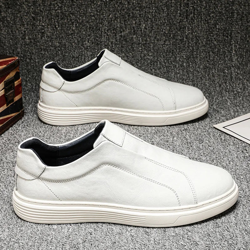 Spring Autumn Mens Fashion Pure White Shoes Men Leather Casual Shoes Slip On Comfortable Flat Shoes Big Size 46 47