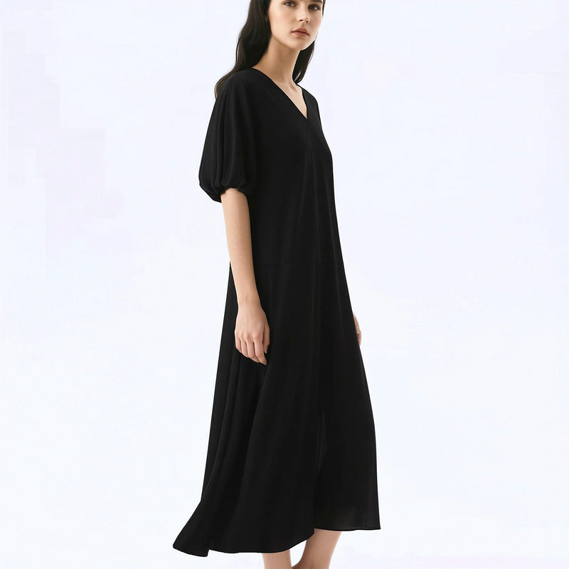 Amii Women’s Dress 2026 Summer New V-Neck Puff Sleeve Loose Fit Maxi Dress Holiday Casual Solid Long Dress For Women 12642166